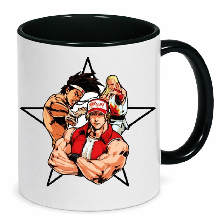 Cana ceramica 330ml alb-negru, King of Fighters, ergonomica, rezistenta la masina de spalat si cuptorul cu microunde