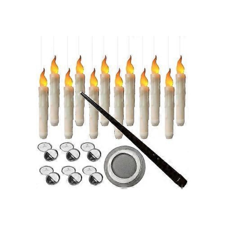 Комплект от 12 плаващи свещи с дистанционно управление тип "магическа пръчка", бял, 38x9x6см