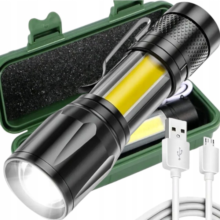 Акумулаторен LED фенер, с увеличение, бял, компактен, с щипка, USB