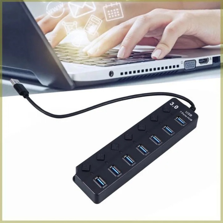 USB хъб със 7 порта, индивидуален превключвател, черен