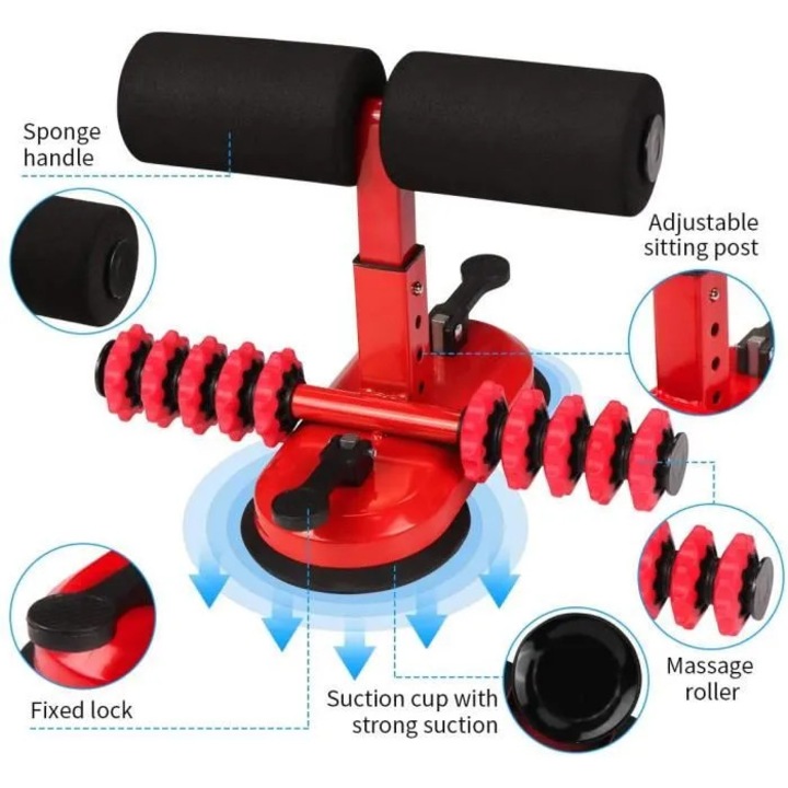Bara abdomene cu ventuza, aparat fitness, role masaj, reglabil, negru