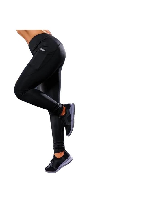 Női leggings, magas derék, zsebekkel, fekete, poliészter és elasztán