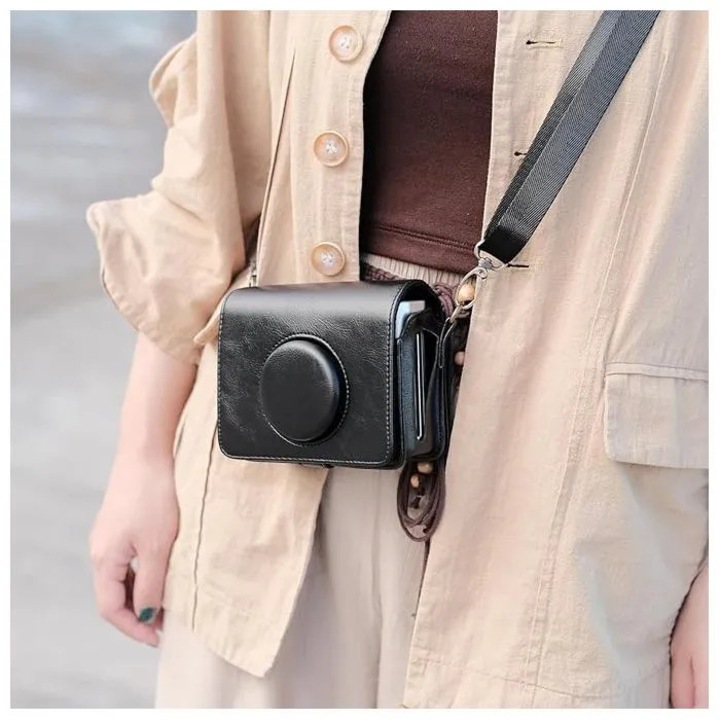 Instax Mini EVO fényképezőgép védőtok, texturált PU bőr, fekete, retro design, levehető előlap