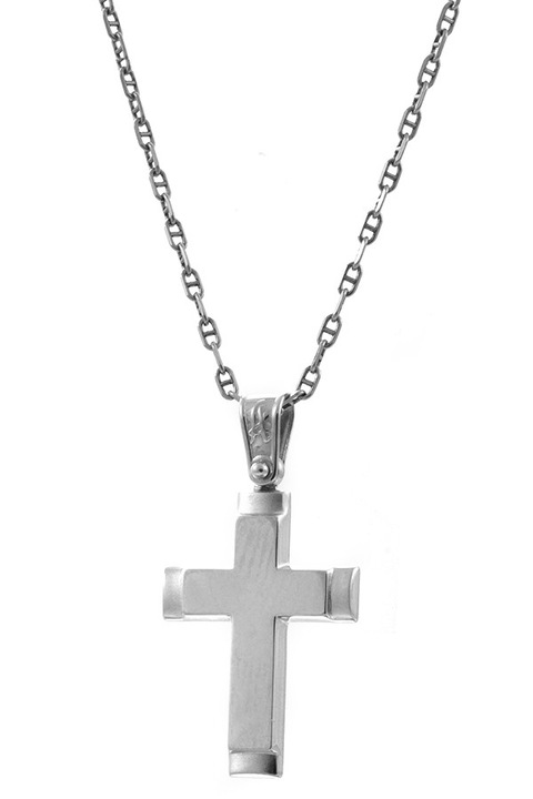 Cruce botez aur alb 14K cu lant aur alb 9K minimalist, alb 45cm