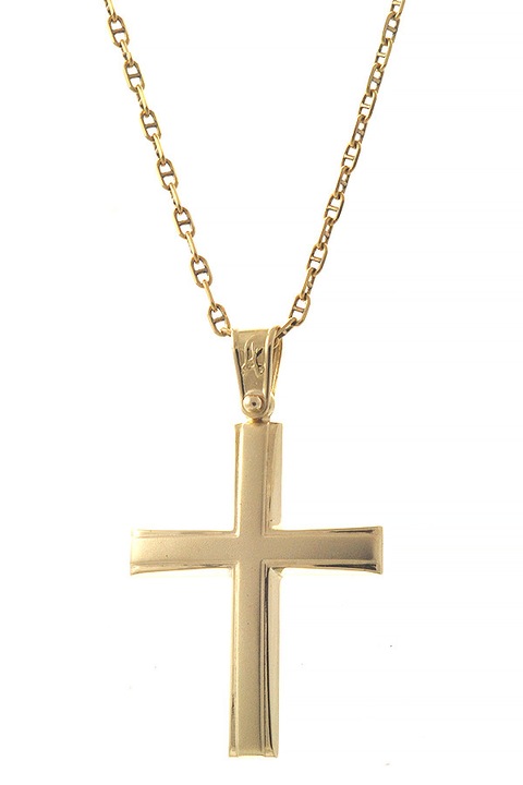 Cruce botez aur 14K cu lant aur 9K, luciu minimal, design atemporal