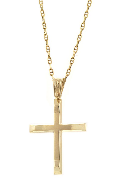 Cruce botez aur 14K cu lant aur 9K, design simplu, lucios