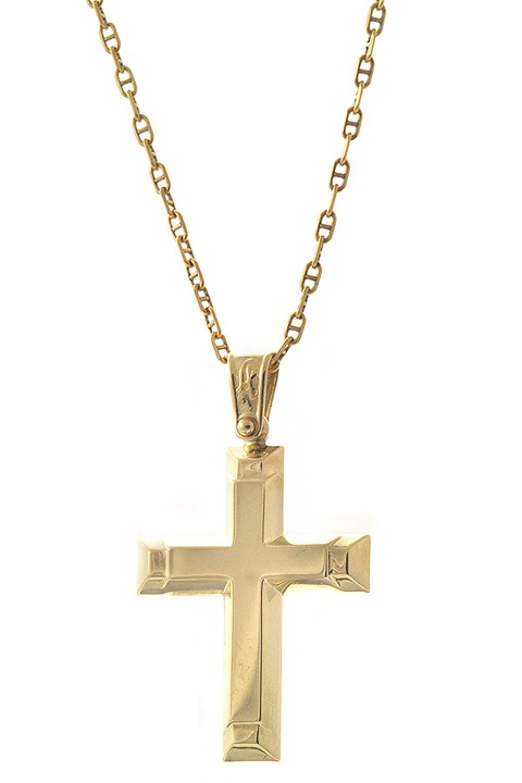 Cruce de aur 14K cu lant aur 9K, design geometric, stralucitor