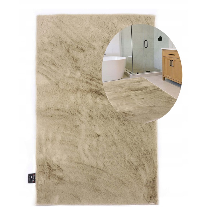 Covor de Baie Plusat, elSimone, 60 x 90 cm, Bej, Colectia Rabbit Bella, 100% Poliester Microfibra Super Soft, Grosime 25 mm, Baza Antiderapanta 3D, Efect Blana de Iepure, Super Absorbant, Lavabil in Masina, Certificat Oeko-Tex, Calitate Premium