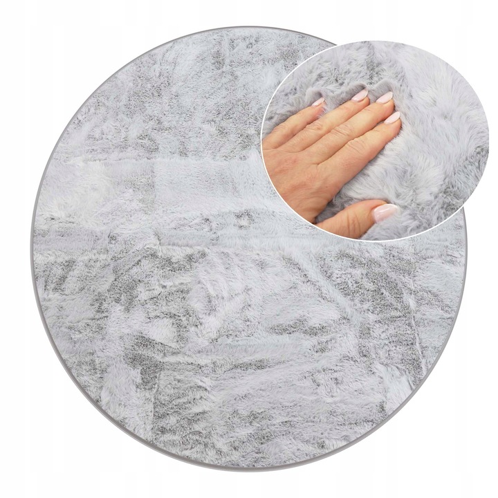 Covor Rotund Plusat, elSimone, Diametru 100 cm, Argintiu, Colectia Rabbit Bella, 100% Poliester Microfibra Super Soft, Grosime 25 mm, Baza Antiderapanta 3D, Efect de Blana Iepure, Lavabil, Izolare Fonica, Certificat Oeko-Tex, Calitate Premium