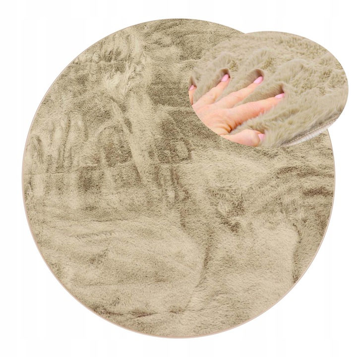 Covor Rotund Plusat, elSimone, Diametru 100 cm, Bej, Colectia Rabbit Bella, 100% Poliester Microfibra Super Soft, Grosime 25 mm, Baza Antiderapanta 3D, Efect de Blana de Iepure, Lavabil, Izolare Fonica, Certificat Oeko-Tex, Calitate Premium