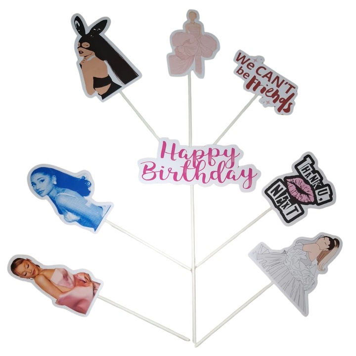 Decoratiune topper tort carton, tematica Ariana Grande, aniversare - 8 piese