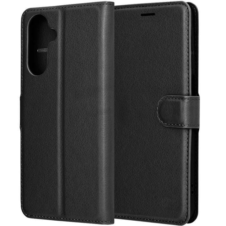 Husa pentru Samsung Galaxy A57 5G, Tip portofel, Vintage PU Leather, Inchidere cu capsa magnetica, Buzunare carduri, Compartiment bancnote, Decupaj difuzor apeluri, Acoperire 360, Functie stand, Protectie fata-spate, Piele ecologica, Negru