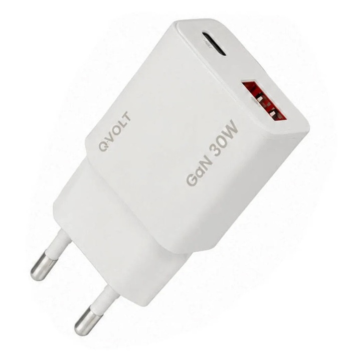 QVOLT Incarcator priza ultra rapid Gan GaN 30W, 2 porturi, USB-A 3.0, USB-C, alb, 4962