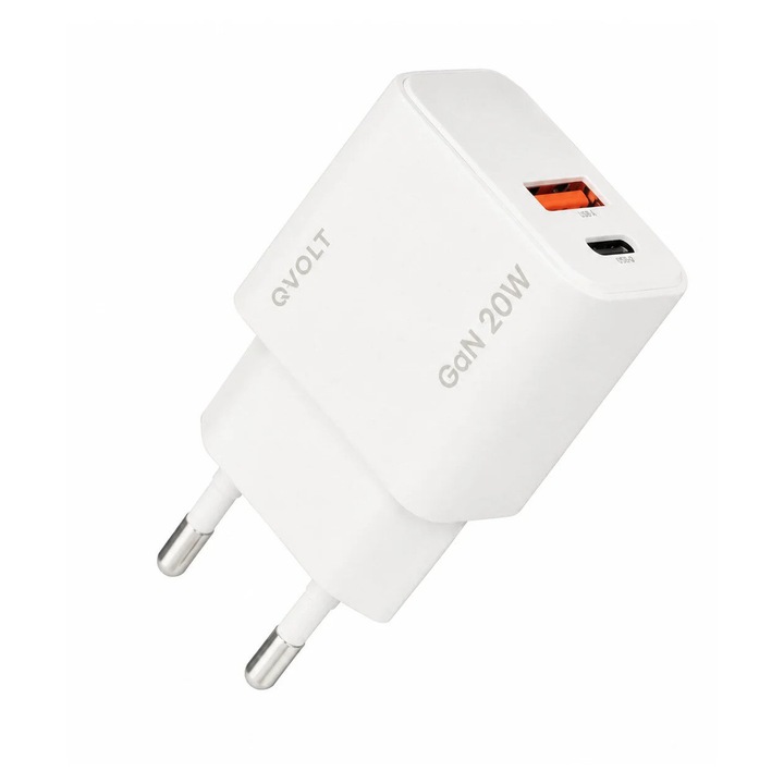 QVOLT Incarcator priza ultra rapid Gan GaN 20W, 2 porturi, USB-A 3.0, USB-C, alb, 4964