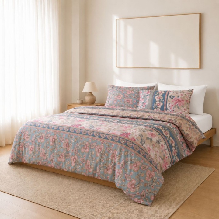 Lenjerie pat dublu cu model paisley floral, bumbac 100% ranforce, 240x260 cm, 4 piese, Bahar Tekstil, Karen