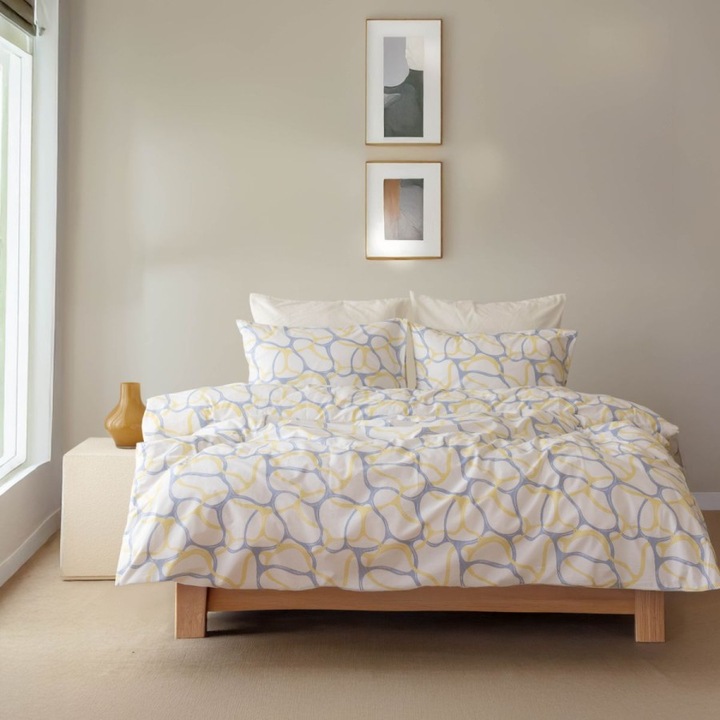 Lenjerie pat dublu cu model geometric galben, bumbac 100% ranforce, 240x260 cm, 4 piese, Bahar Tekstil, Lexi