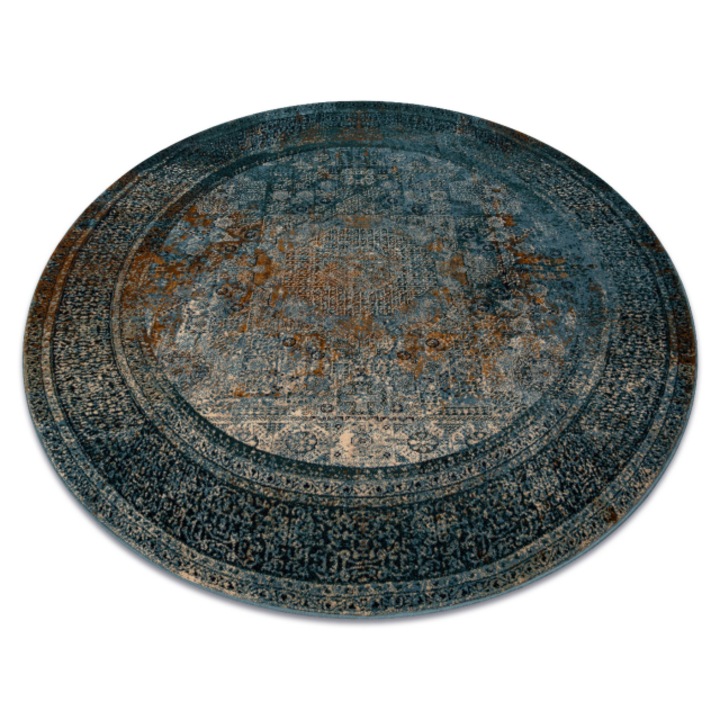 Covor DYWANY ŁUSZCZÓW de lana omega mamluk cerc - rozeta vintage albastru inchis, cerc 200 cm latime