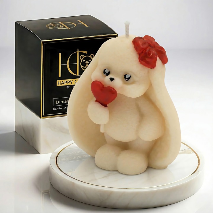 Lumanare parfumata pictata manual premium, Happy Candles, Iubirea Iepurasului, Salcam & Flori de Tei, Ceara naturala, Handmade, Paste, 65g