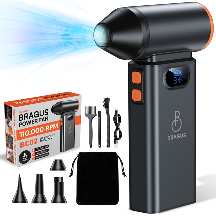 Suflanta Aer Comprimat, BRAGUS, Portabila, Turbo 110000 RPM, 3 Trepte de Viteza, Baterie 5200 mAh, Lumina LED, Indicator Nivel Baterie, Pana la 60 Minute Utilizare, 6 Accesorii Incluse, Reincarcabila USB-C, Motor Brushless 100W, Pentru Curte sau Masina