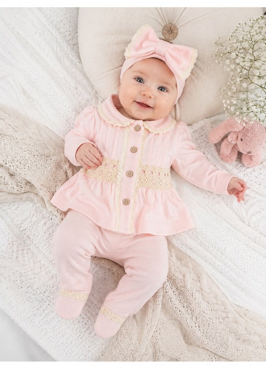 Compleu elegant bebe fetita roz pudrat cu bentita si dantela 3 piese, 0-3 luni, Fete