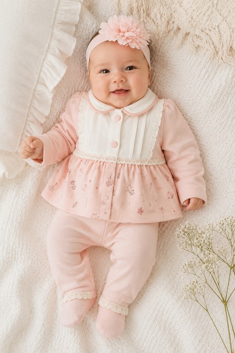 Compleu elegant bebe fetita roz pudrat cu bentita si dantela 3 piese, 0-3 luni, Fete
