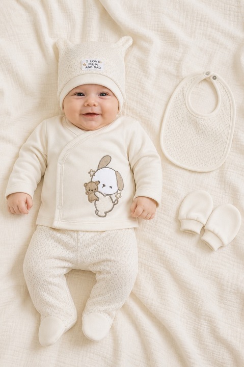 Set bebe unisex 5 piese crem cu catelus, bavetica si caciulita din bumbac, 0-3 luni, Baieti