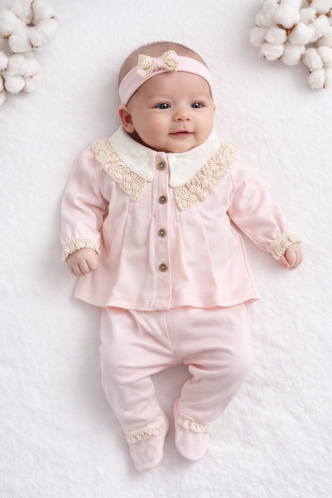 Set bebe fetita bumbac roz 3 piese cu dantela bluza pantaloni si bentita eleganta, 0-3 luni, Fete