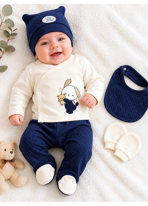 Set bebe baiat 5 piese bleumarin cu catelus, bavetica si caciulita, 0-3 luni, Baieti