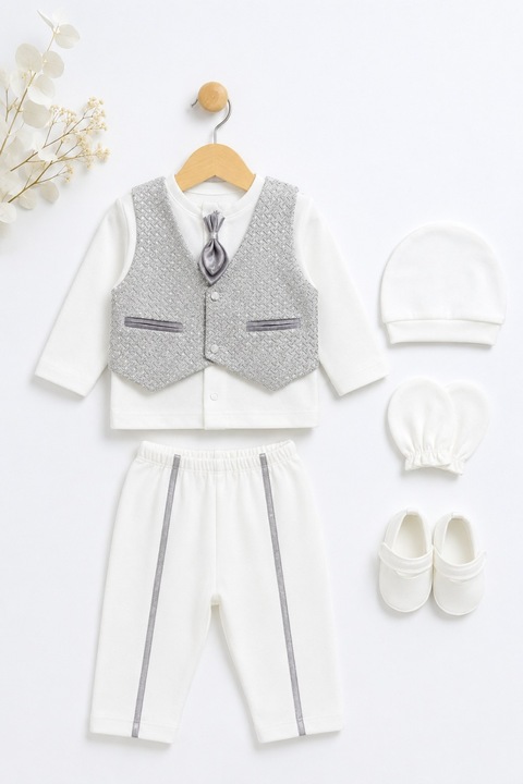 Costum elegant bebe baiat alb cu vesta gri 6 piese pentru botez, 0-3 luni, Baieti