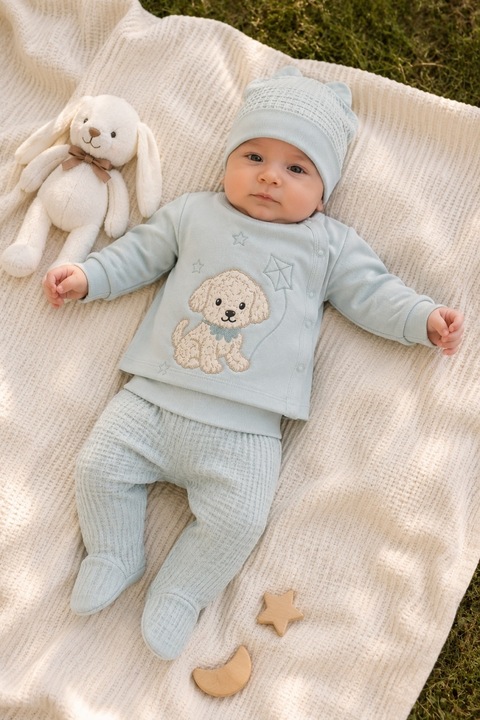 Set bebe 3 piese verde menta din bumbac cu bluza pantalon si caciulita catelus, 0-3 luni, Baieti