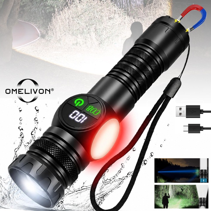 Omelivon® LED taktikai zseblámpa, professzionális, újratölthető zseblámpa, 20000 lumen, 9 világítási mód, IP55 vízálló, multifunkcionális, erős, fényes, vadászathoz, horgászathoz, túrázáshoz, kempingezéshez, 26650 akkumulátorokkal, fekete