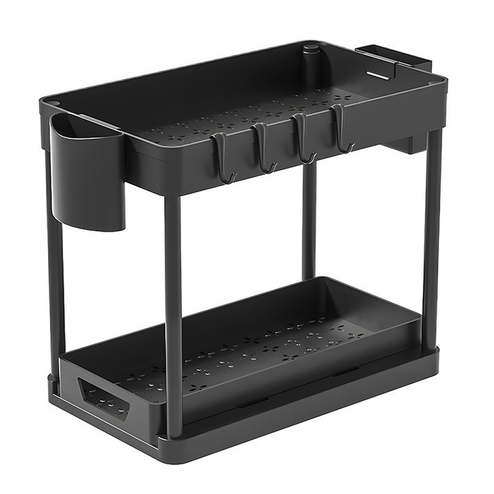 Raft de depozitare mobil, organizator pentru bucatarie/baie, cu 2 polite, carucior multifunctional, raft cu mai multe etaje, 39.5*21.6*37cm, Negru