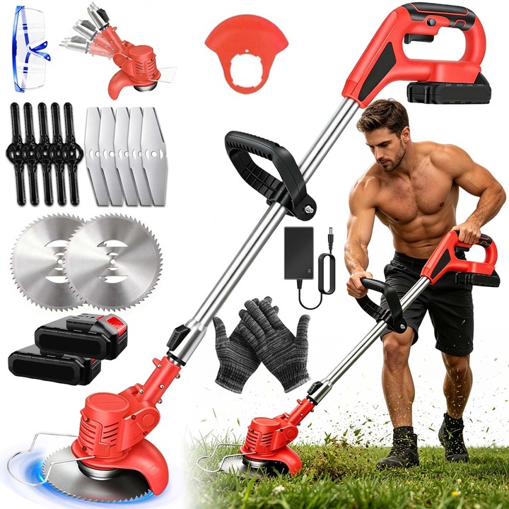 Motocoasa Electrica Portabila, 2 21V Acumulatori, 800W, 10, 000 Rpm, Capul de taiere se poate roti de la 90°, Cantarind doar 1, 5 kg, 2 Tipuri De Lame De Taiere, Design fara fir, Cu bara de fier anti-coliziune, Pentru Iarba Si Tunderea gradinii