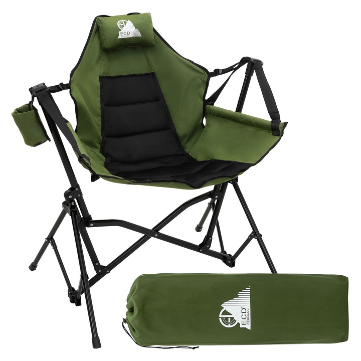 Scaun balansoar camping pliabil ECD Germany culoare cachi sezlong cu cadru din otel, spatar inalt reglabil, suport pahar, perna tetiera si geanta transport, scaun pescuit captusit, ideal pentru curte, gradina, terasa, pescuit si outdoor, 150 kg