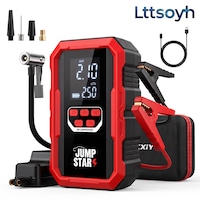 Starter Auto Portabil Lttsoyh® Starter Auto Multifunctional 5 in 1, Curent Varf 2200A, Baterie 10000mAh, Compresor Aer 150 PSI, Lanterna LED SOS, Powerbank USB, Display Digital LCD, 10 Protectii Inteligente, Negru/Rosu
