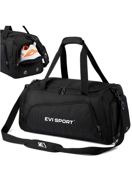Спортна и пътна чанта EVI SPORT DualZone, за фитнес, зала и басейн, капацитет 40L, вентилиран джоб за обувки, отделение за мокри дрехи, водоустойчива Oxford 900D, презрамка, Negru Street Noir