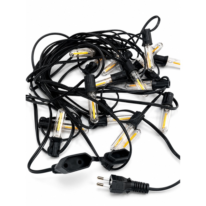 Ghirlanda Luminoasa Exterior 10M cu 20 Fasunguri E12 si 25 Becuri LED Vintage, Lumina Calda, Interconectabila, IP65, Gradina Terasa Balcon
