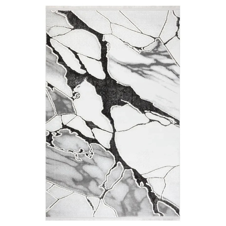 Covor living Gri/Alb 53472A, 300 x 400 cm, fir 10 mm, material suport bumbac, textura moale, placuta la atingere, finisaj Laser-cut lateral, franjuri gri perla