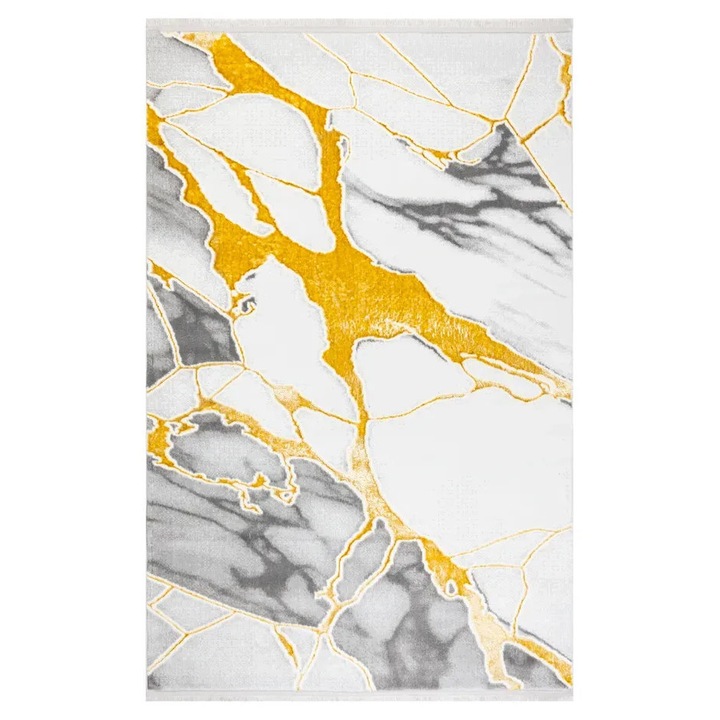 Covor living Auriu/Alb 53472A, 300 x 400 cm, fir 10 mm, material suport bumbac, textura moale, placuta la atingere, finisaj Laser-cut lateral, franjuri gri perla