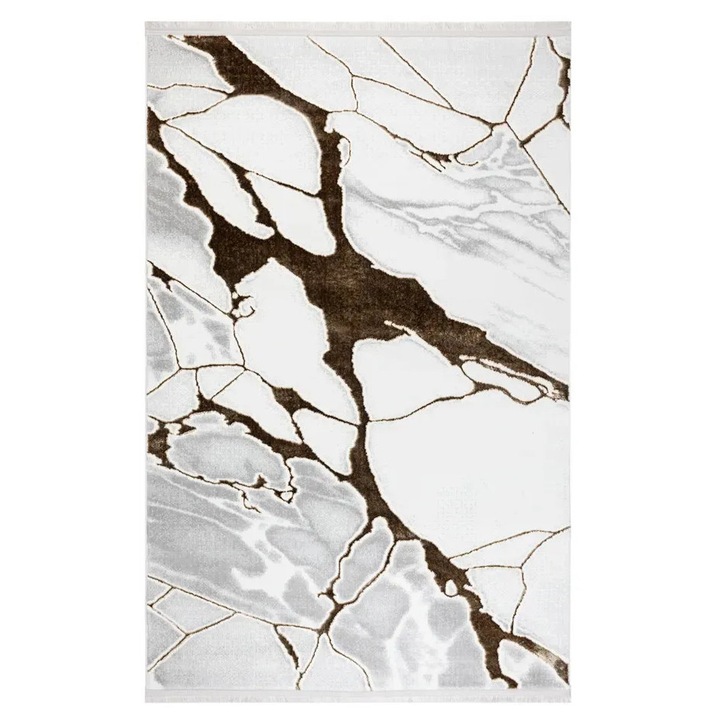 Covor living Maro/Alb 53472A, 300 x 400 cm, fir 10 mm, material suport bumbac, textura moale, placuta la atingere, finisaj Laser-cut lateral, franjuri gri perla