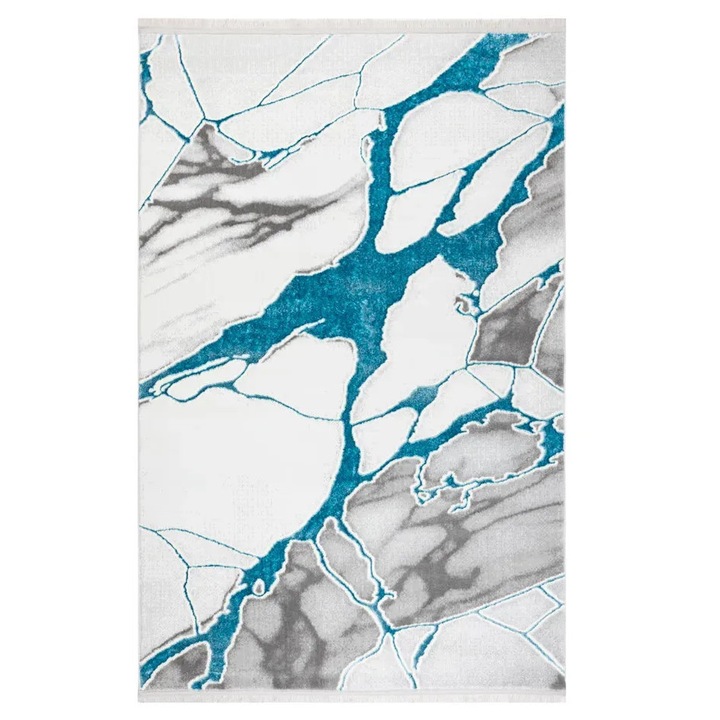 Covor living Albastru/Alb 53472A, 300 x 400 cm, fir 10 mm, material suport bumbac, textura moale, placuta la atingere, finisaj Laser-cut lateral, franjuri gri perla