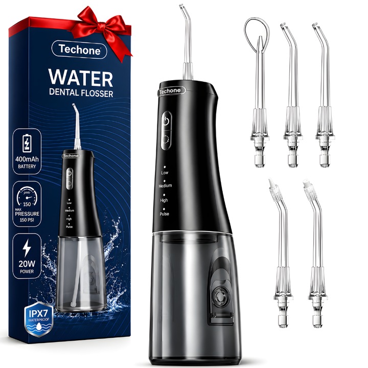 Techone® HydroBlast professzionális szájzuhany és szájápoló, 150 Psi, hordozható, 4000 mAh akkumulátor, 4 sebességfokozat, 5 fúvóka mellékelve, Easy Flow technológia, 300 ml, 20W, tárolózsák mellékelve, fehér