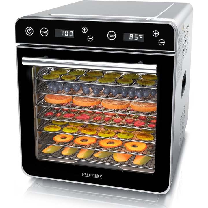 Dehidrator Arendo Stainless Steel 8 niveluri, 700W, 35–85°C, timer 24h, 8 tavi inox, 6700 cm², display LED, BPA Free