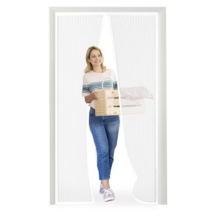 Plasa anti-insecte pentru usa cu inchidere magnetica Meet Beauty, 180 x 220 cm, montaj fara gaurire, alba