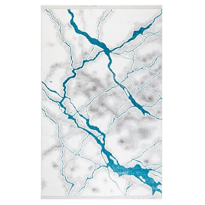 Covor living Albastru/Alb 53471A, 300 x 400 cm, fir 10 mm, material suport bumbac, textura moale, placuta la atingere, finisaj Laser-cut lateral, franjuri gri perla