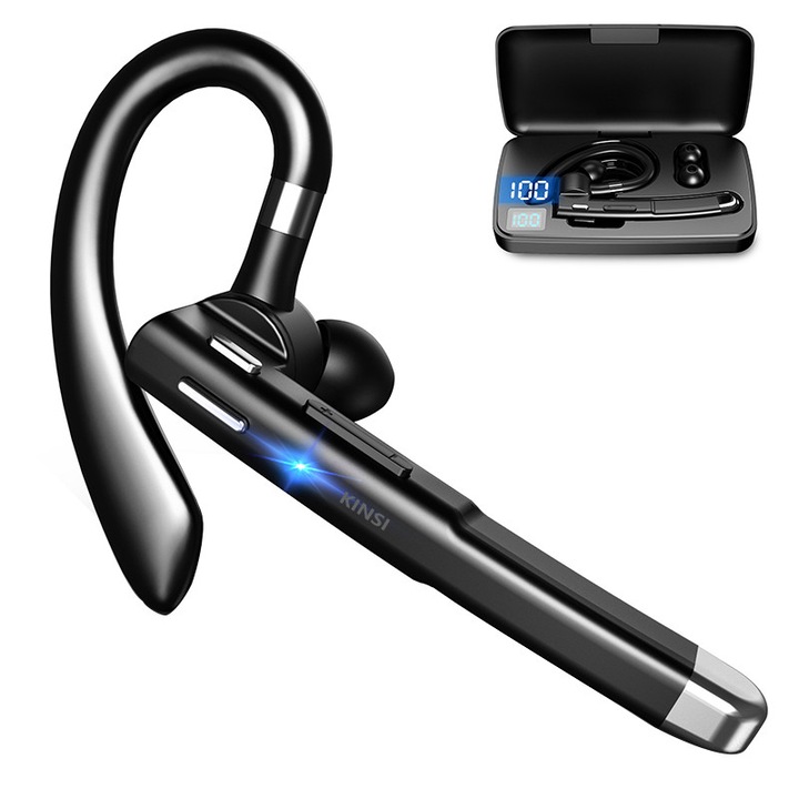 KINSI Business vezeték nélküli Bluetooth fülhallgató, kettős mikrofon, kihangosító, zajszűrés, vízálló, forgatható kialakítás, kétoldalúan kompatibilis, fekete