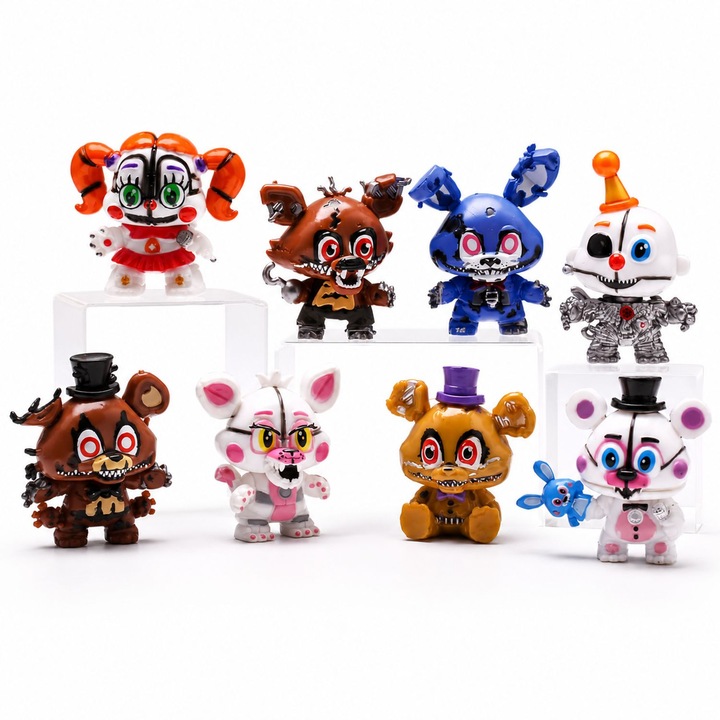 Set 8 Figurine Five Nights at Freddys, Jucarii de Colectie FNAF Foxy Golden Freddy si Chica 6.5 cm, Miniaturi pentru Fani, Multicolor