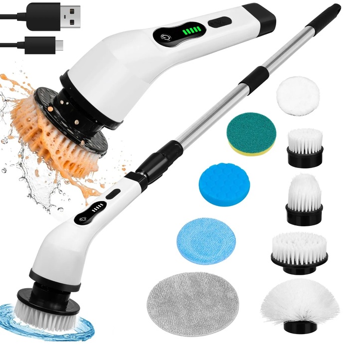 Perie electrica rotativa pentru curatare, Zola, 9 capete interschimbabile, maner telescopic, afisaj digital, 2 viteze, reincarcabila 1500 mAh