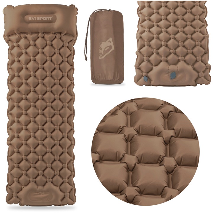 Надуваем дюшек за къмпинг EVI SPORT AirMate PRO, вградена крачна помпа, интегрирана възглавница, изолация R-стойност 2.2, дебелина 7 см, устойчив материал Nylon 40D RipStop TPU, лек 660 г, 190x58 см, Кафяв Walnut Ridge