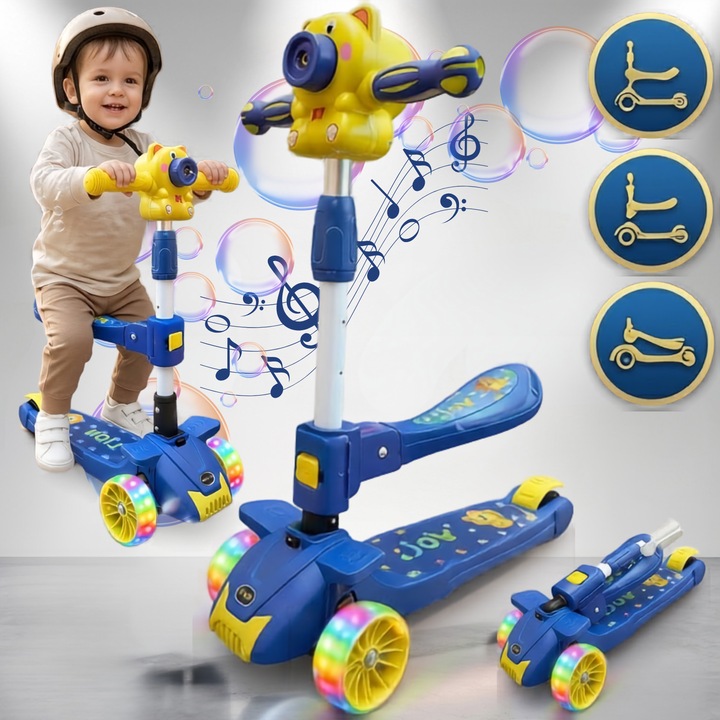 Trotineta 3-in-1 LION pentru Copii Infiniteea™️, Generatoare de Baloane si Muzica, Roti LED, Scaun Detasabil, Design Pliabil Ultra-Sigur, Ghidon Reglabil pe Inaltimi, Baza Antiderapanta, Frana pe Roata din Spate, Cadoul Ideal, Albastru